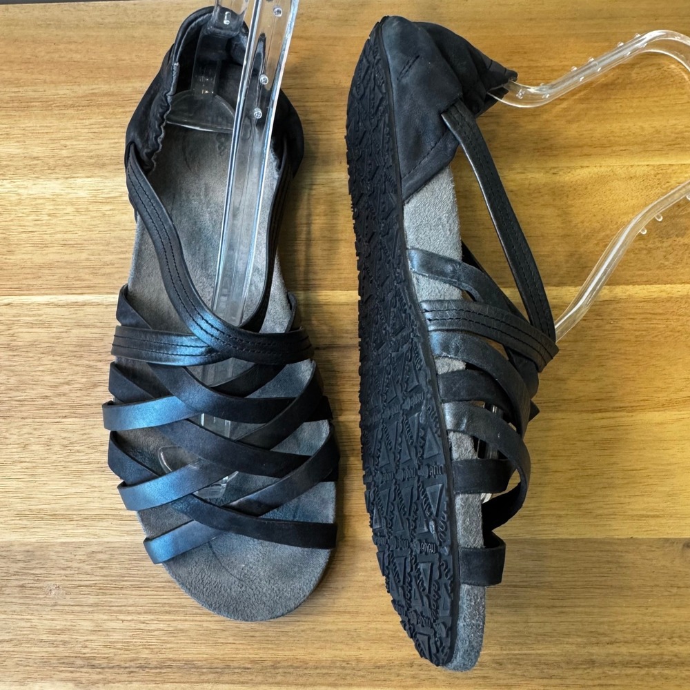 Ahnu Women 10 Black Leather Strappy Flat Sandals Comfort Walking Shoes Slip On